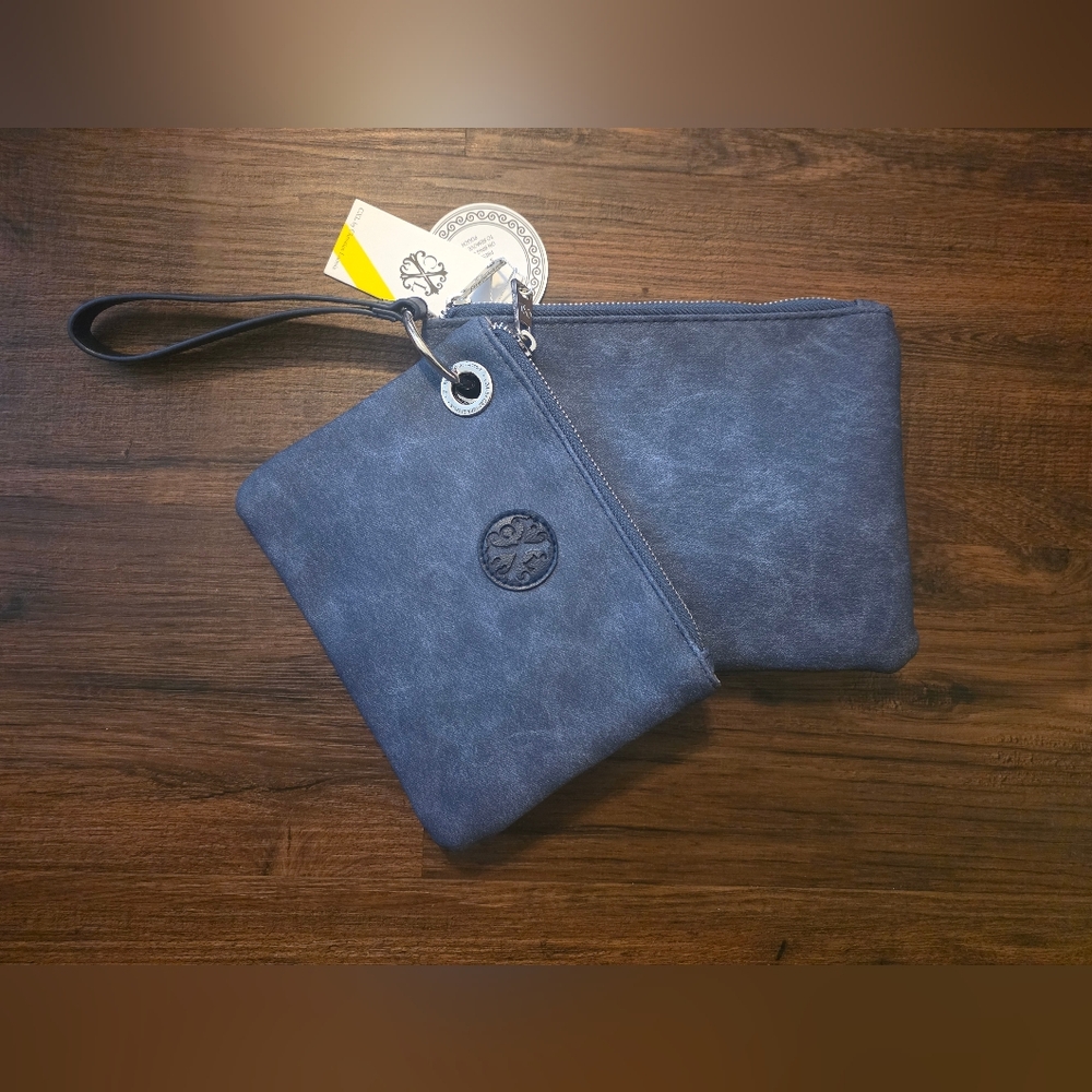 NWT CXL By Christian Lacroix, Blue Denim, Vegan Leather Wristlet Clutch Set